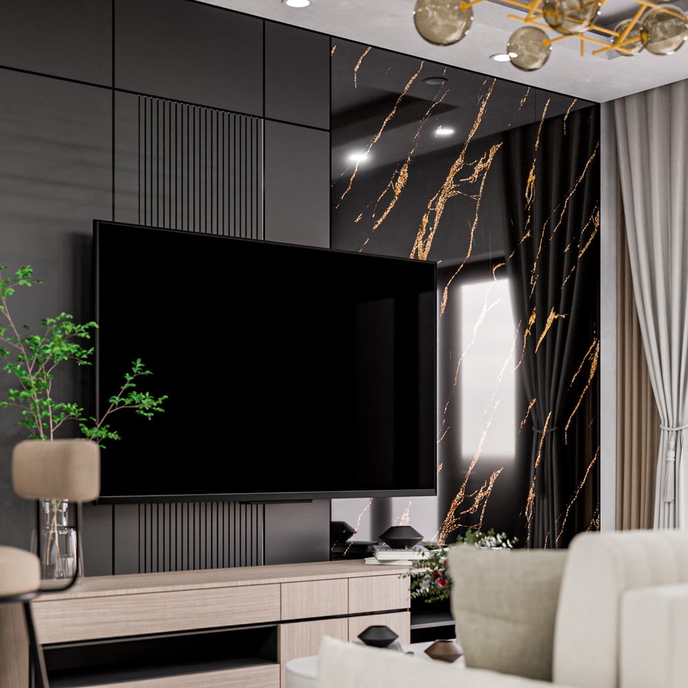 Panou decorativ Wall Glossy Floren Gold Vein, SPC, 122 x 280 cm, negru