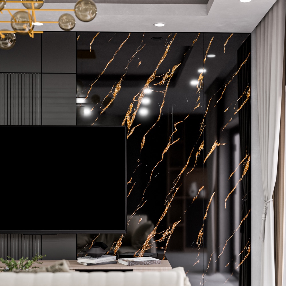 Panou decorativ Wall Glossy Floren Gold Vein, SPC, 122 x 280 cm, negru