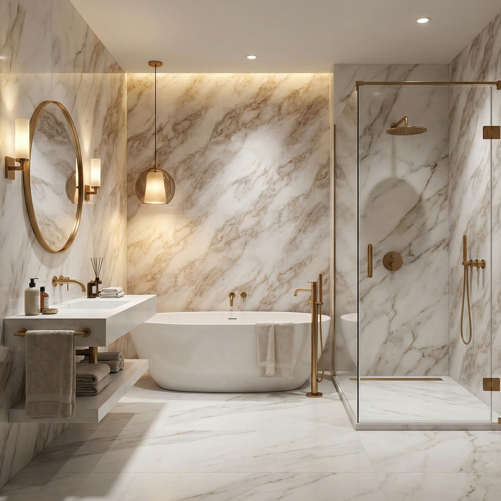 Panou decorativ Wall Glossy Sand Marble, SPC, 122 x 280 cm, bej