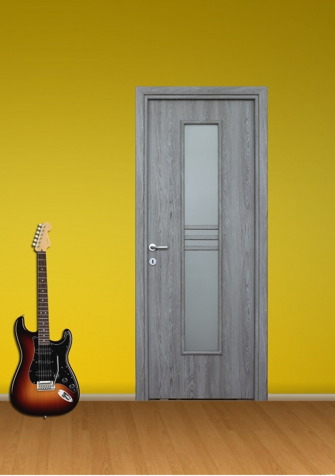 Usa de interior cu geam, gri, reversibila, mdf, 203 x 68 cm, toc inclus • Karpat