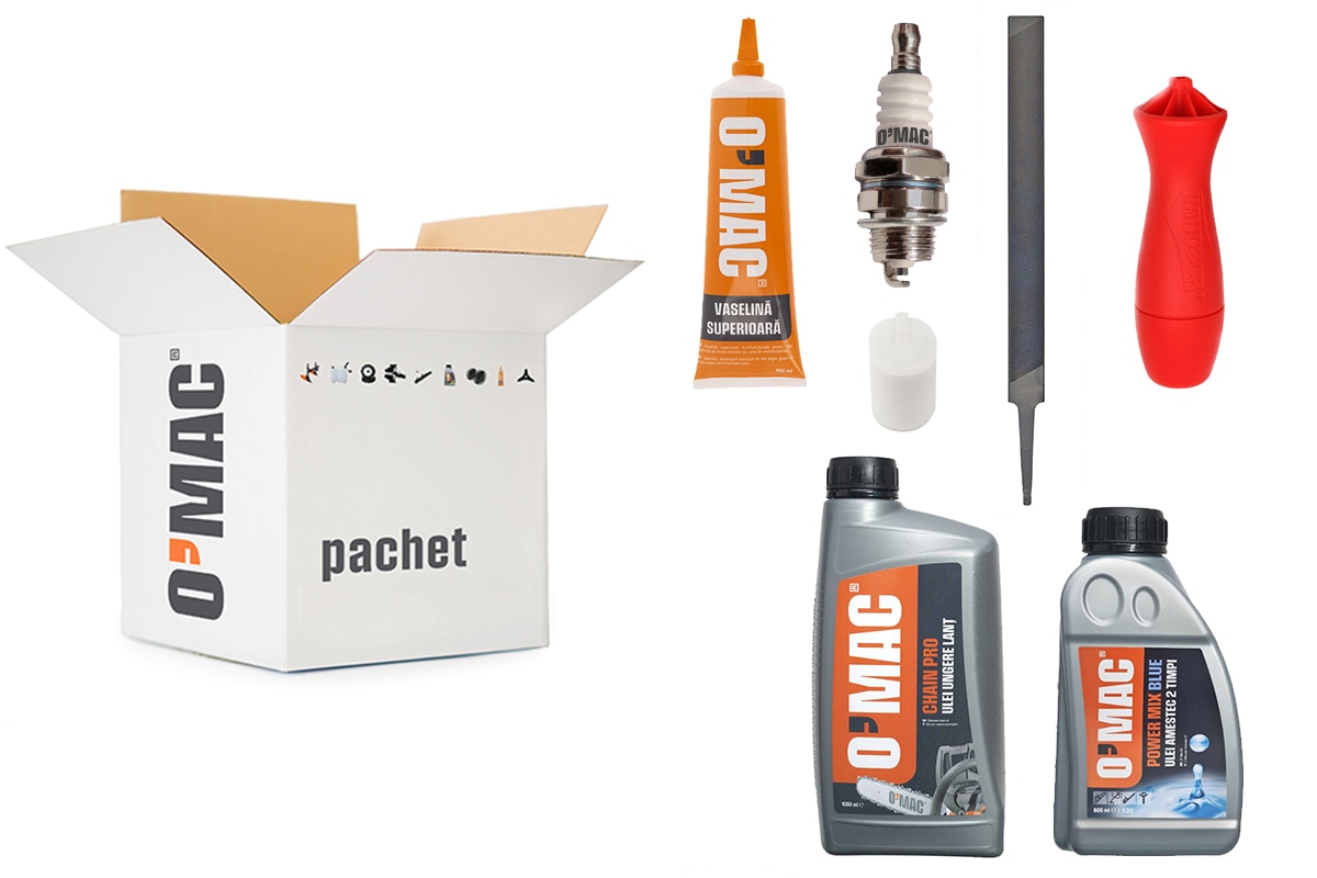 Set pentru motofierastrau O'MAC, vaselina, ulei, pila, bujie, maner
