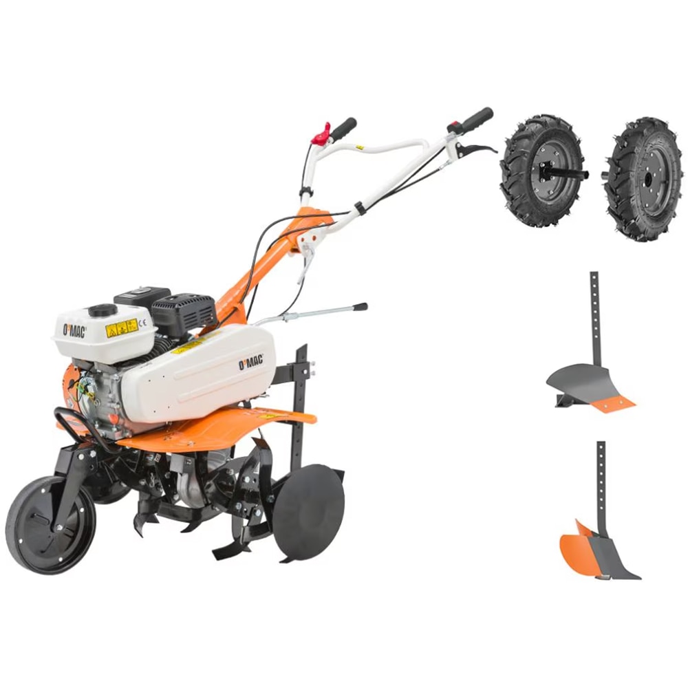 Motocultor pe benzina, O'Mac, 212 CC, 7 CP, latime de lucru 50-90 cm, 4 timpi, roti cauciuc,plug si rarita