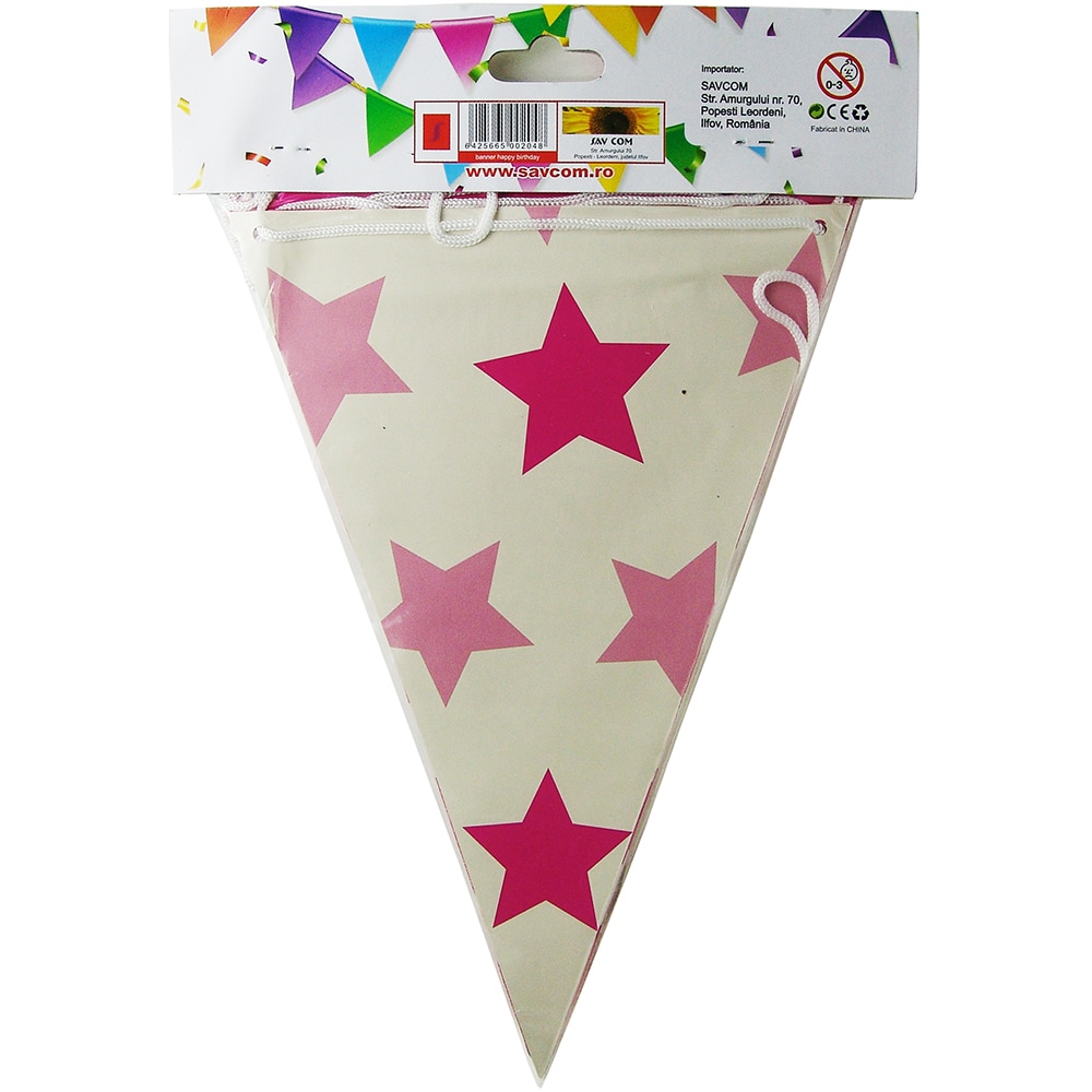 Banner Party, 12 stegulete, model stelute, 20 x 28.5 cm, 4.7 m lungime, alb-roz