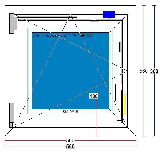 Fereastra termopan PVC, geam Clar + Low-E, alb, 5 camere, 56 x 56 cm, stanga, dubla deschidere, oscilobatanta Gealan
