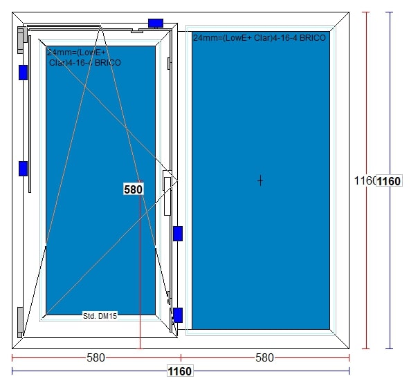 Fereastra termopan PVC, geam Clar + Low-E, alb, 5 camere, 116 x 116 cm, stanga, dubla deschidere, fixa + oscilobatanta  Gealan
