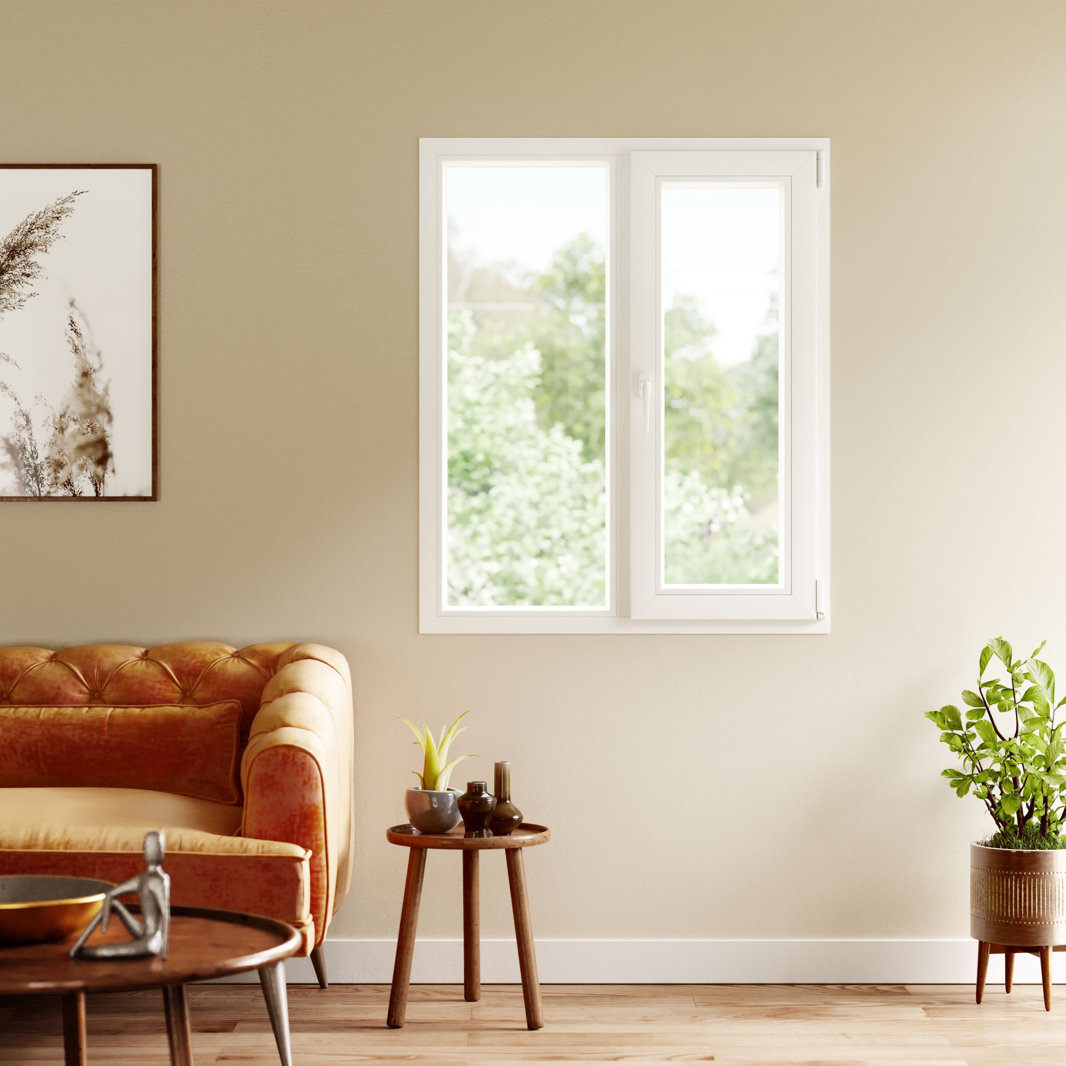 Fereastra termopan PVC, geam Float + Low-E, alb, 4 camere, 116 x 116 cm, dreapta, dubla deschidere, fixa + oscilobatanta • Aplast