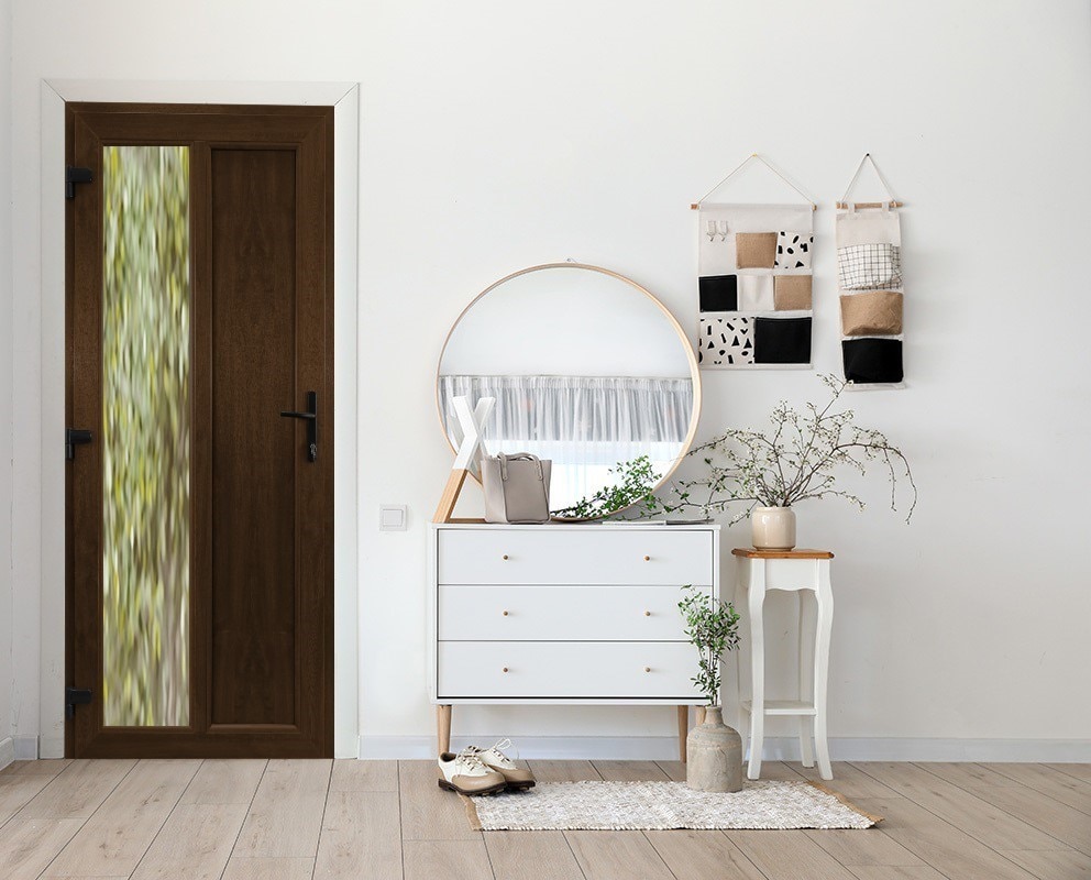 Usa de exterior pentru casa/vila, PVC, nuc, cu geam, stanga, 203 x 88 cm  Aplast