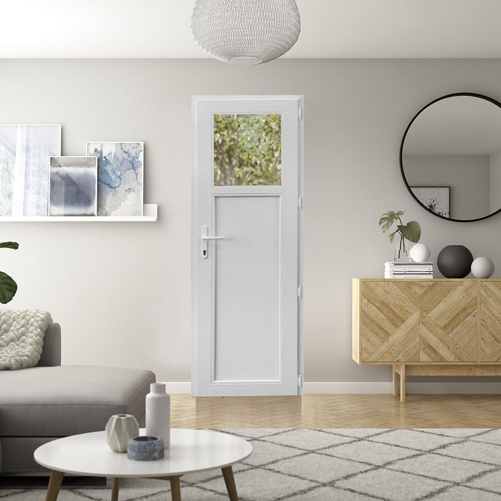 Usa termopan PVC exterior, batanta, cu geam, 4 C, 1/3, alb, stanga, simpla deschidere, 78 x 205 cm  Aplast