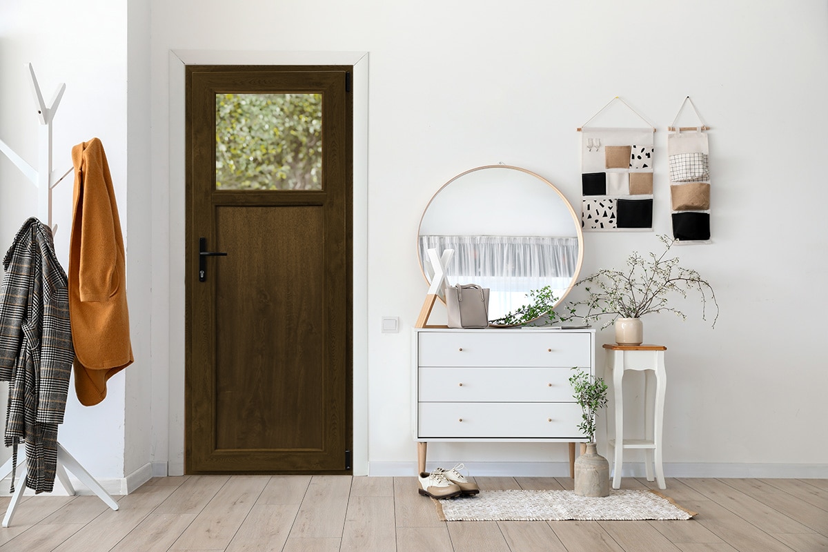 Usa termopan PVC exterior, batanta, cu geam, 6 C, 1/3, maro, stanga, simpla deschidere, 88 x 205 cm  Aplast