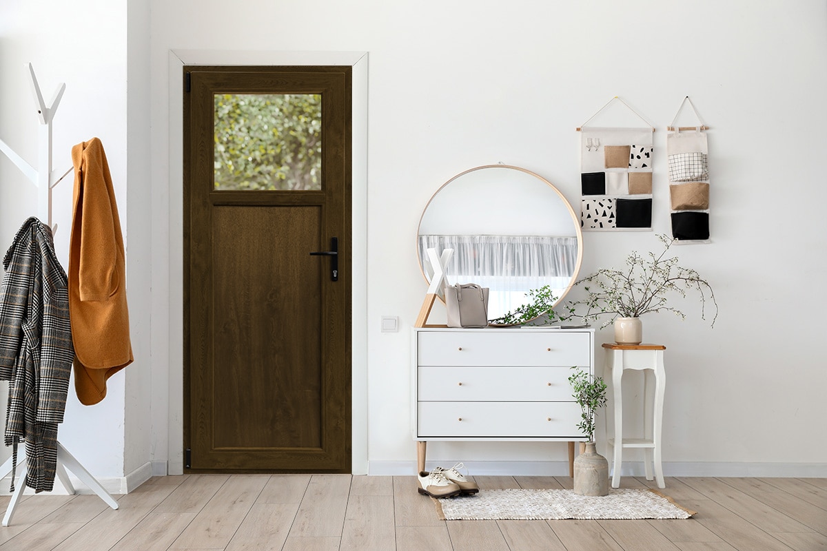 Usa termopan PVC exterior, batanta, cu geam, 6 C, 1/3, maro, dreapta, simpla deschidere, 88 x 205 cm  Aplast