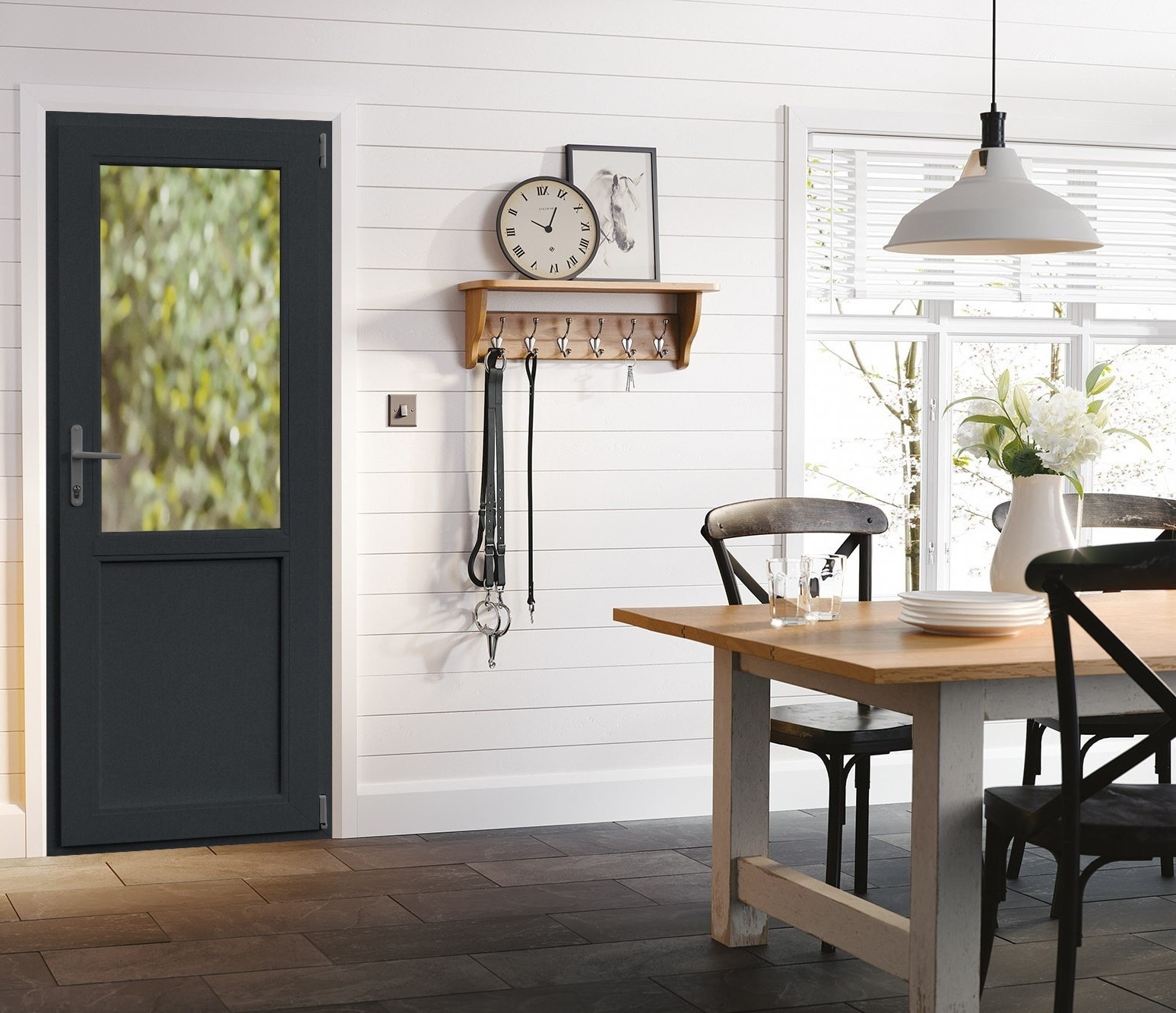 Usa termopan PVC exterior, batanta, cu geam, 5 C, 2/3, gri, stanga, simpla deschidere, 86 x 204 cm  Aplast