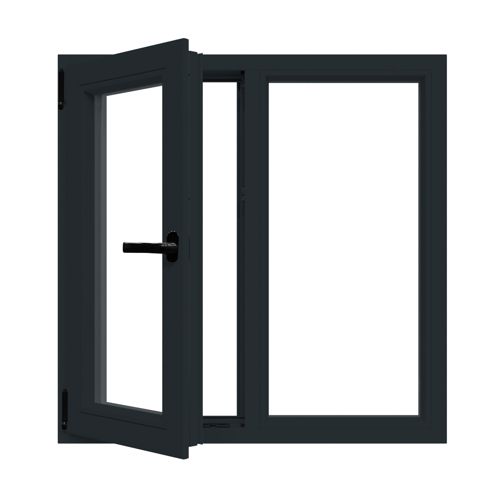 Fereastra termopan PVC, geam Float + Low-E, gri, 6 camere, 116 x 116 cm, stanga, dubla deschidere, fixa + oscilobatanta Aplast