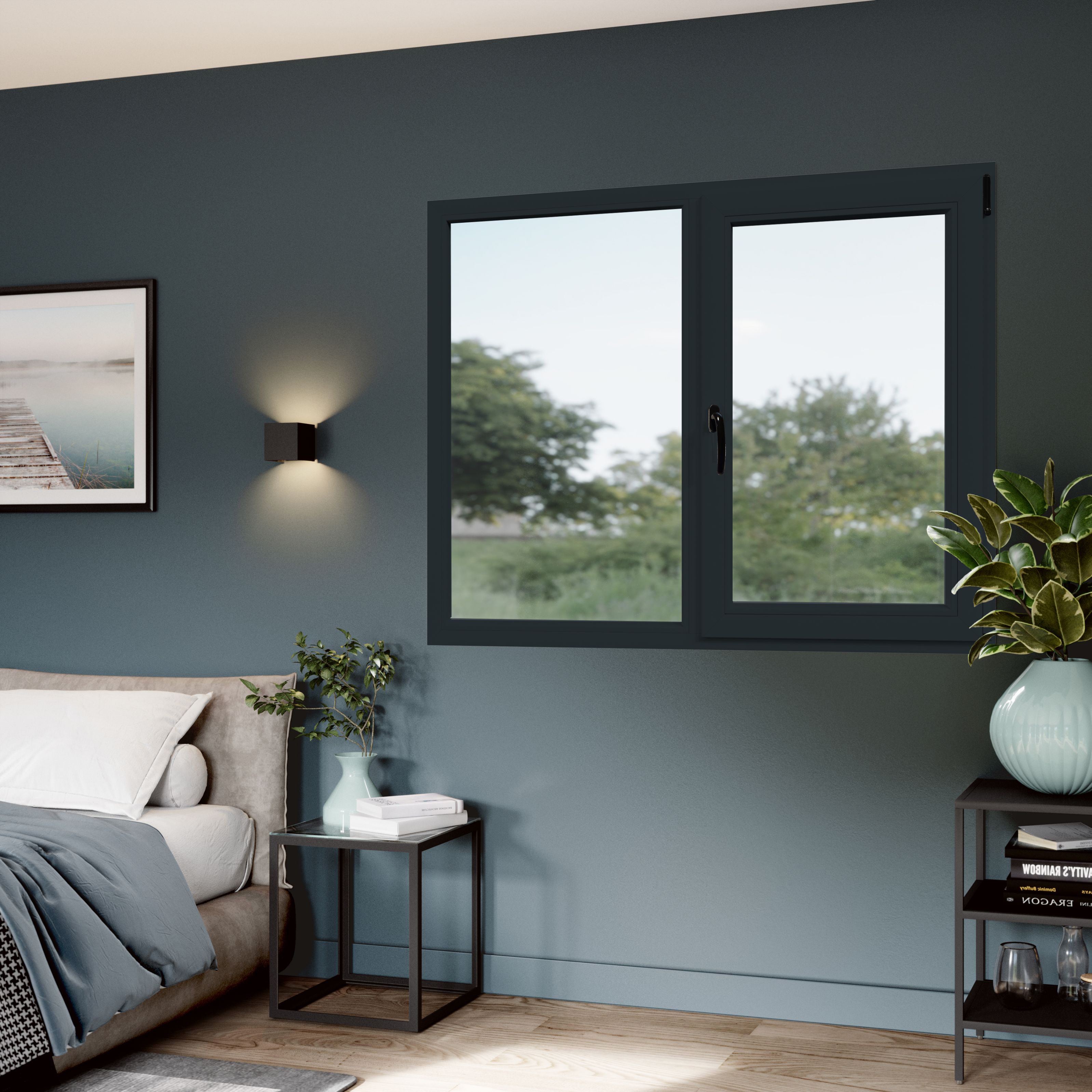 Fereastra termopan PVC, geam Float + Low-E, gri, 6 camere, 116 x 146 cm, stanga, dubla deschidere, fixa + oscilobatanta  Aplast