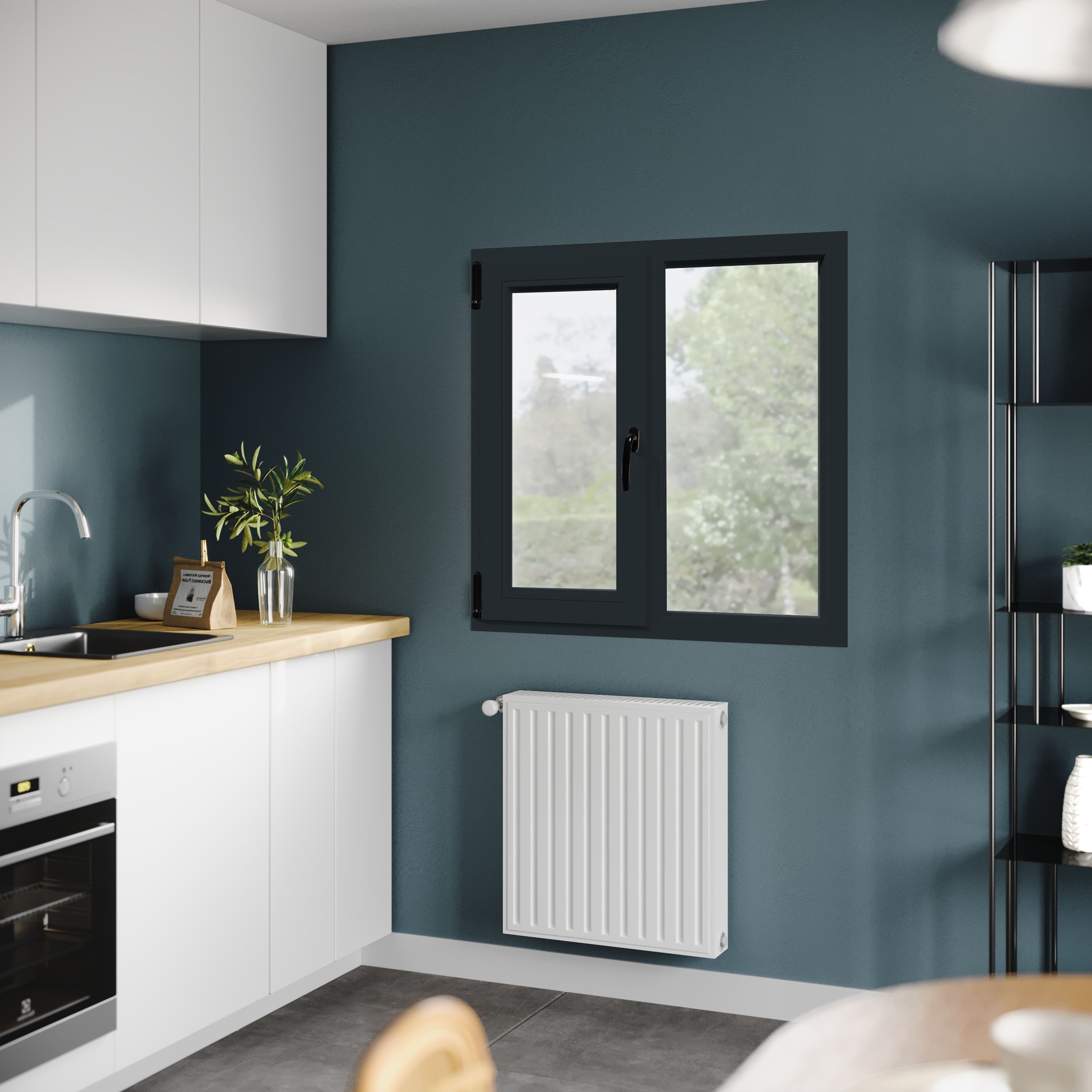 Fereastra termopan PVC, geam Float + Low-E, gri, 6 camere, 100 x 100 cm, stanga, dubla deschidere, fixa + oscilobatanta  Aplast