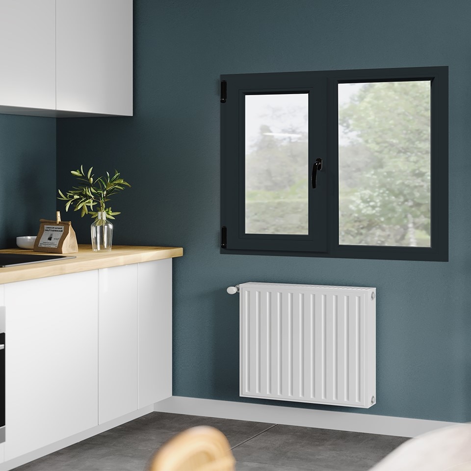 Fereastra termopan PVC, geam Float + Low-E, gri, 6 camere, 116 x 146 cm, dreapta, dubla deschidere, fixa + oscilobatanta  Aplast