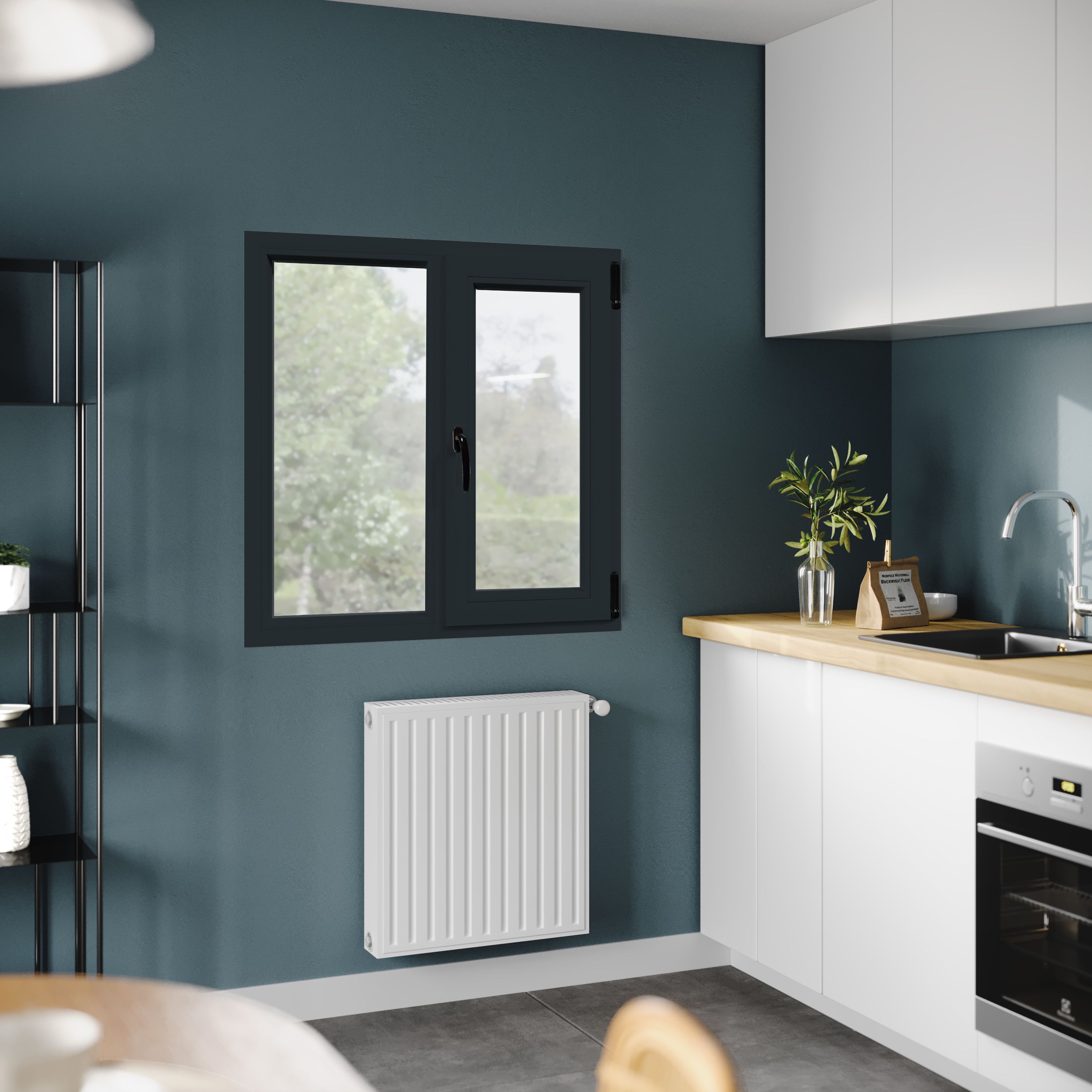 Fereastra termopan APLAST, PVC, 6 camere, 100 x 100 cm, deschidere oscilobatanta dreapta, gri antracit