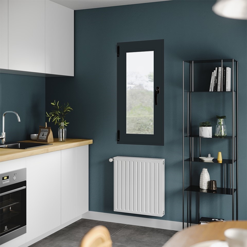 Fereastra termopan PVC, geam Float + Low-E, gri, 6 camere, 56 x 116 cm, stanga, dubla deschidere, oscilobatanta Aplast