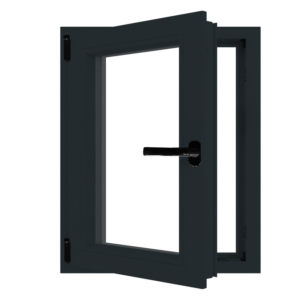 Fereastra termopan PVC, geam Float + Low-E, gri, 6 camere, 116 x 76 cm, stanga, dubla deschidere, oscilobatanta Aplast