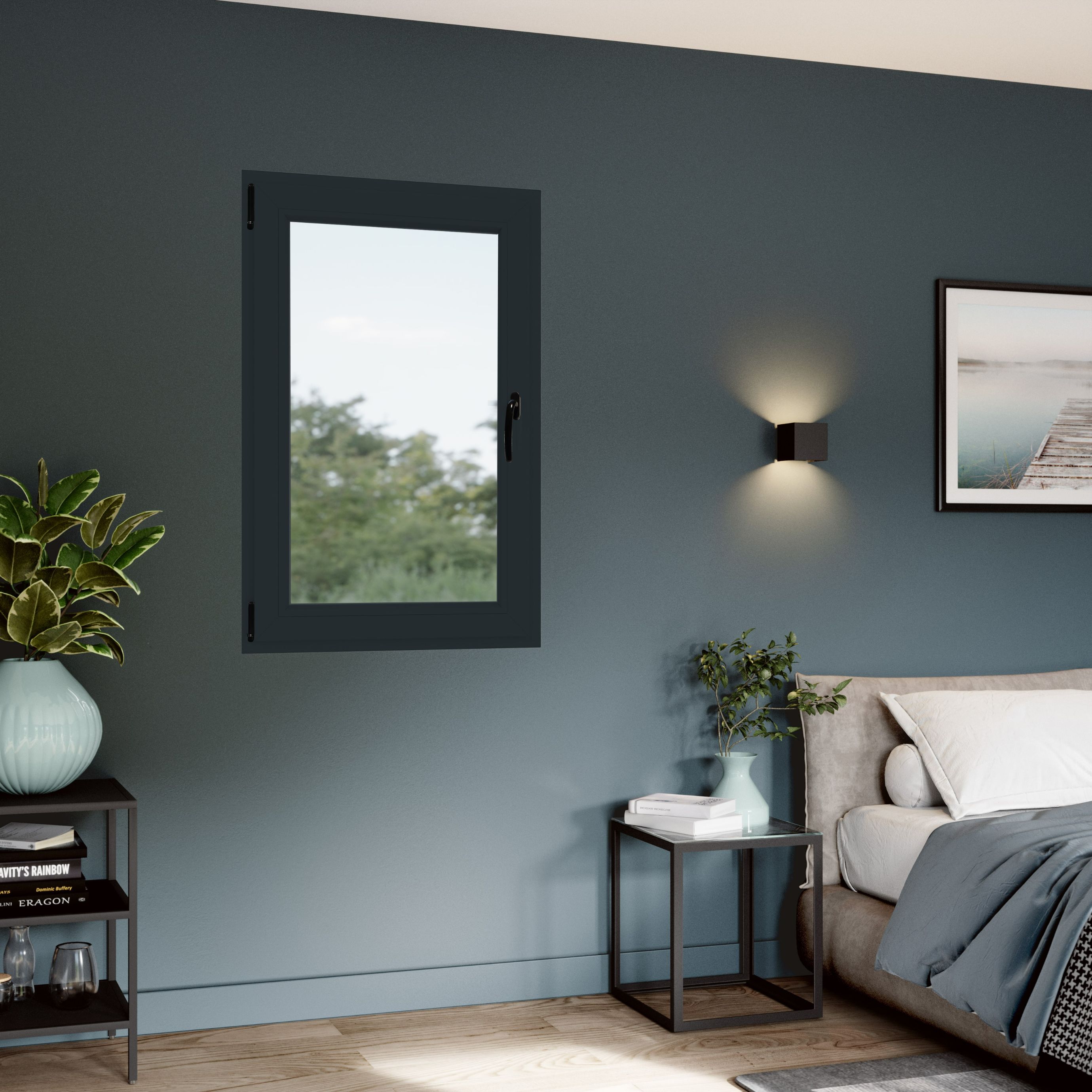 Fereastra termopan PVC, geam Float + Low-E, gri, 6 camere, 116 x 86 cm, stanga, dubla deschidere, oscilobatanta Aplast