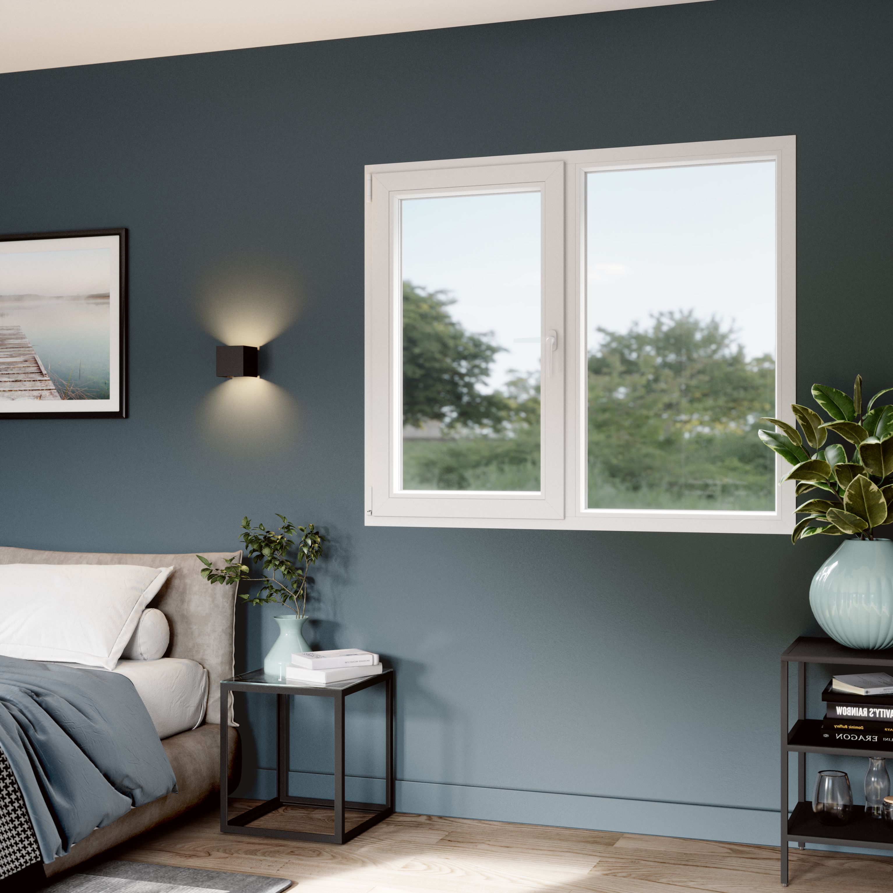 Fereastra termopan PVC, geam Float + Low-E, alb, 4 camere, 136 x 116 cm, stanga, dubla deschidere, fixa + oscilobatanta • Aplast