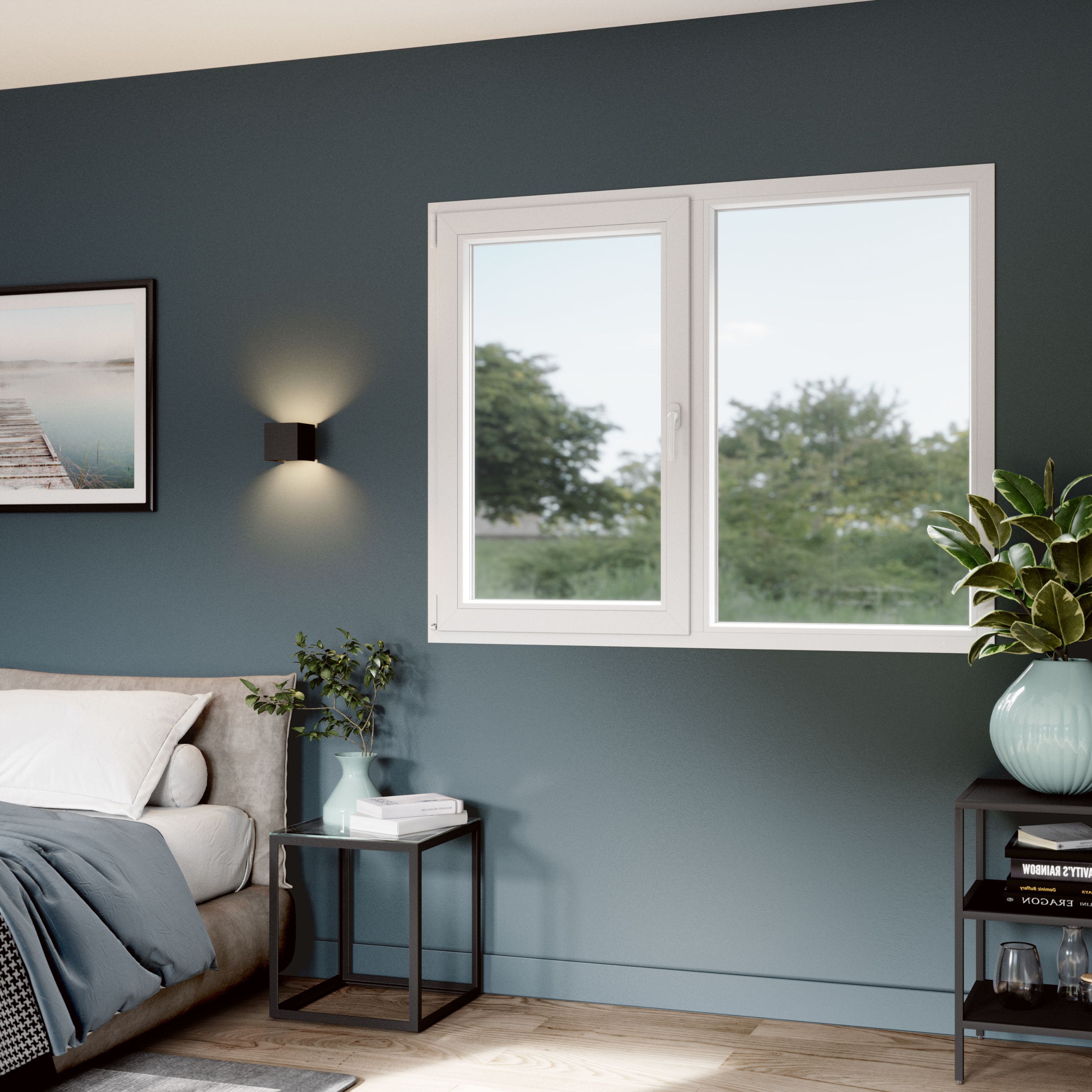 Fereastra termopan PVC, geam Float + Low-E, alb, 4 camere, 146 x 116 cm, stanga, dubla deschidere, fixa + oscilobatanta • Aplast