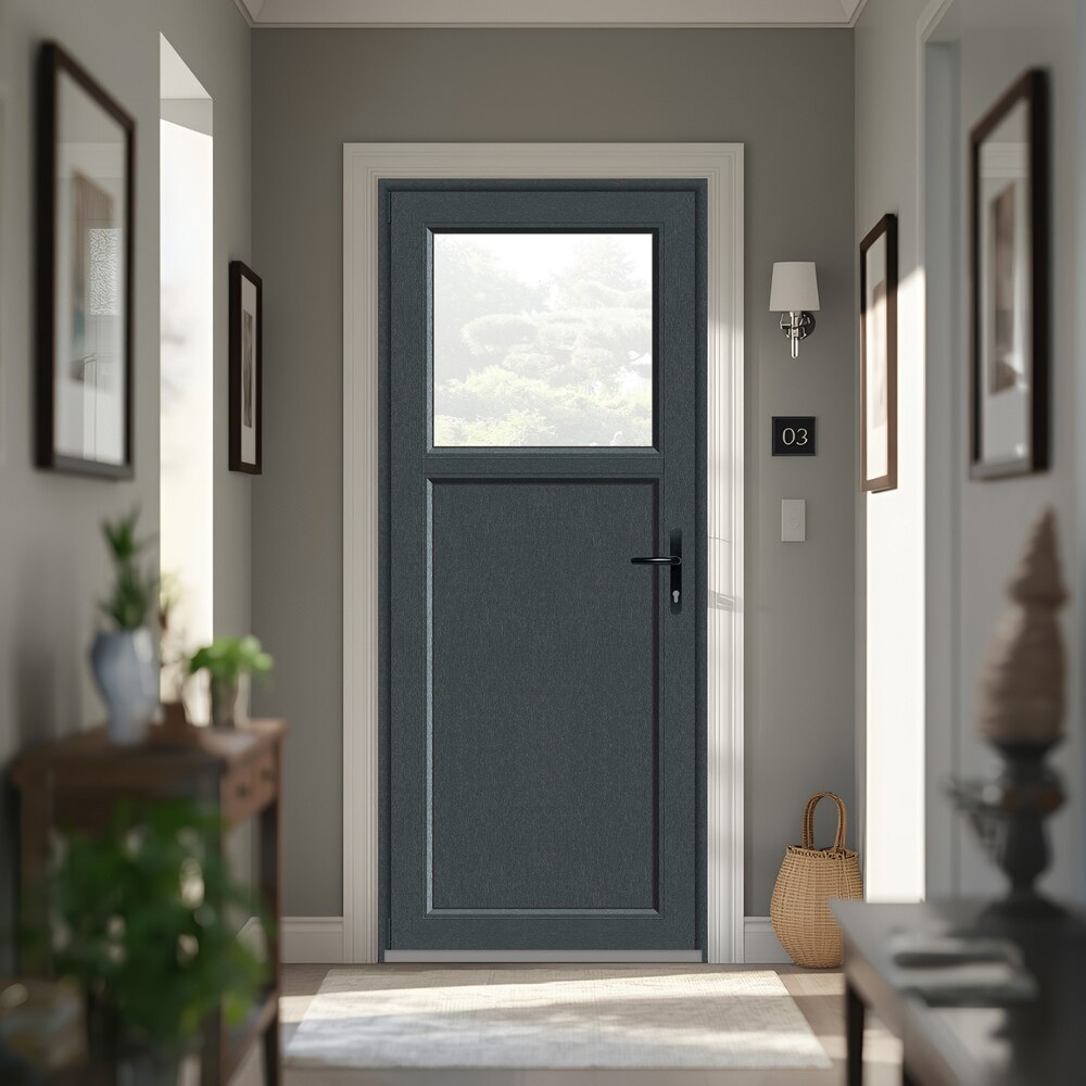Usa intrare APLAST, cu geam, stanga, PVC, 88 x 205 cm, gri antracit