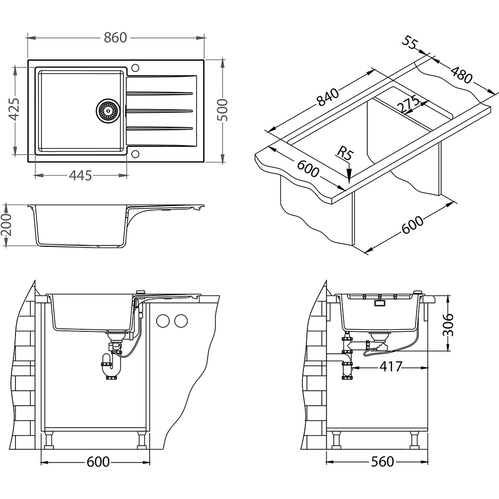 Pachet chiuveta ALVEUS Cadit 40, 1 cuva, picurator reversibil, compozit granit + Baterie Kati, negru