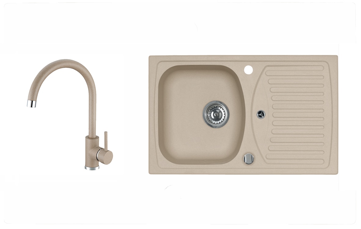 Set chiuveta bucatarie Alveus Record 30 G55, 1 cuva, picurator reversibil, compozit granit + baterie, bej