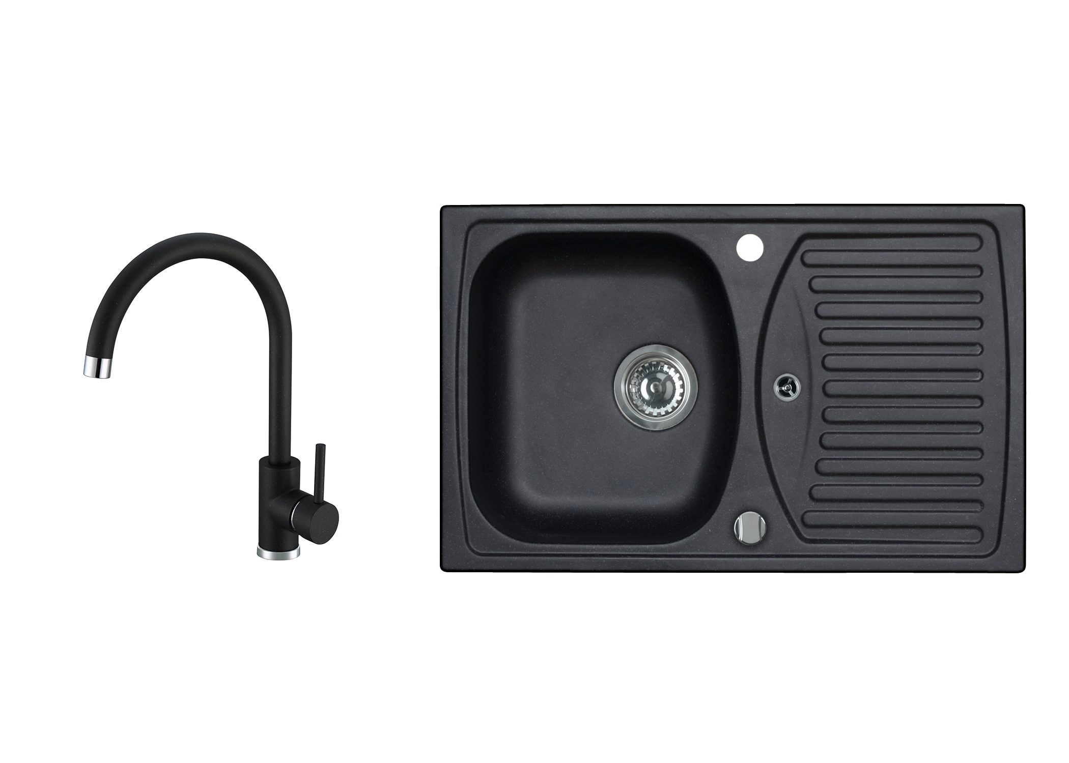 Set chiuveta bucatarie granit compozit cu baterie, reversibila, Record 30 G91, 78 x 48 cm, adancime 16 cm, negru  Alveus