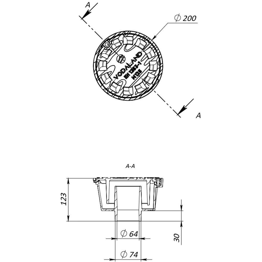 Sifon filtru VODALAND 33152125, fonta, D 200mm, negru