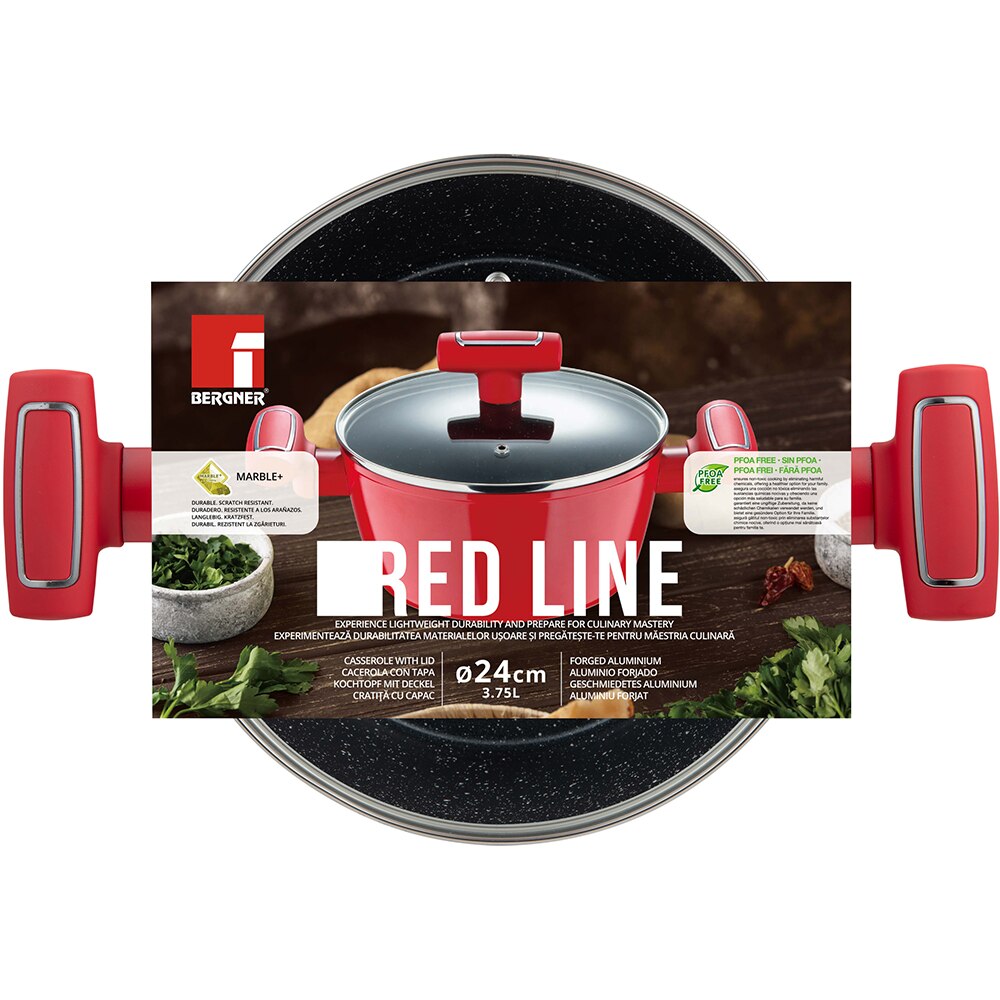 Cratita cu capac BERGNER Red Line BG-35390-RD, 3.75l, 24cm, aluminiu forjat, rosu