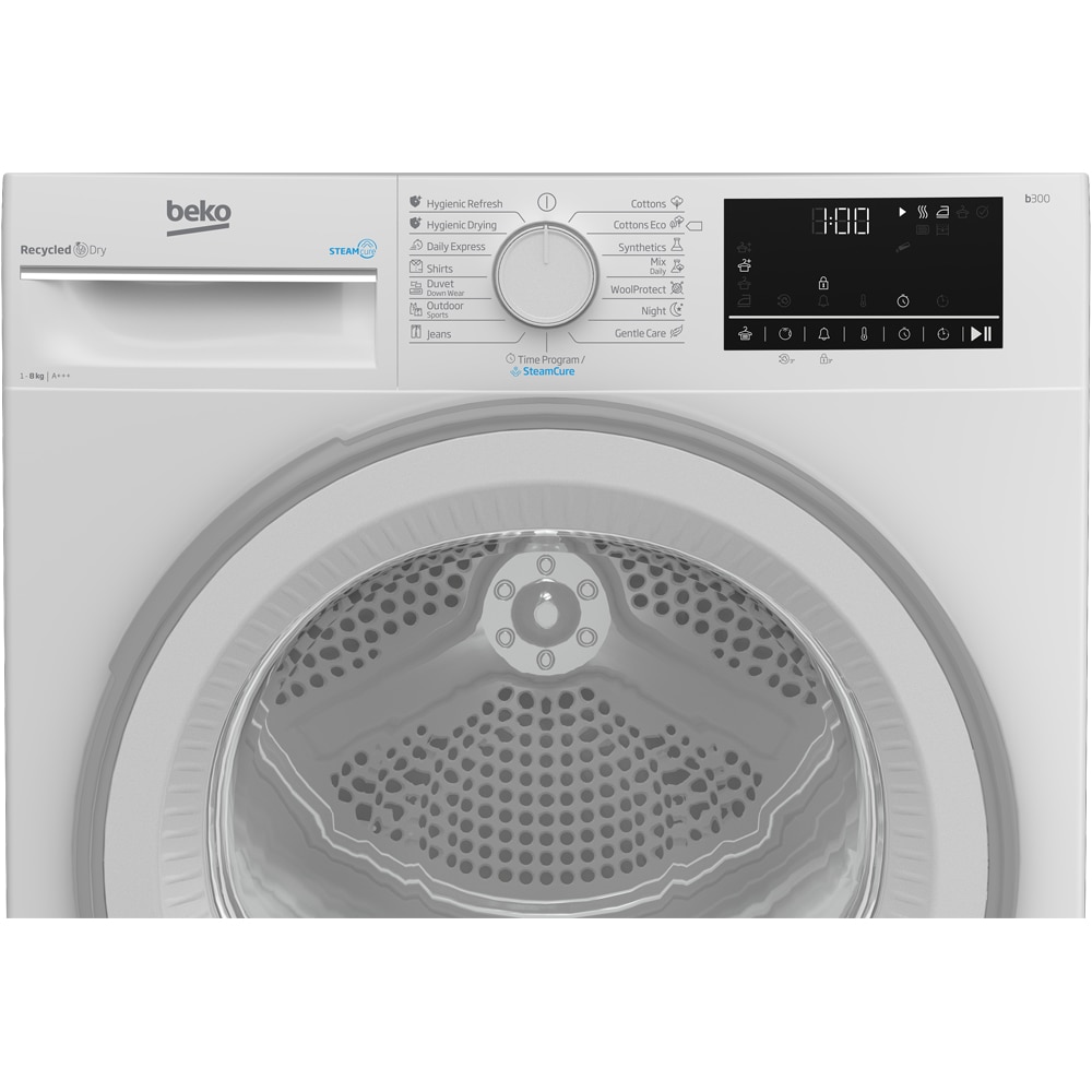 Uscator de rufe BEKO B3T42242, SteamCure, Pompa de caldura, 8kg, 15 programe, Clasa C, alb