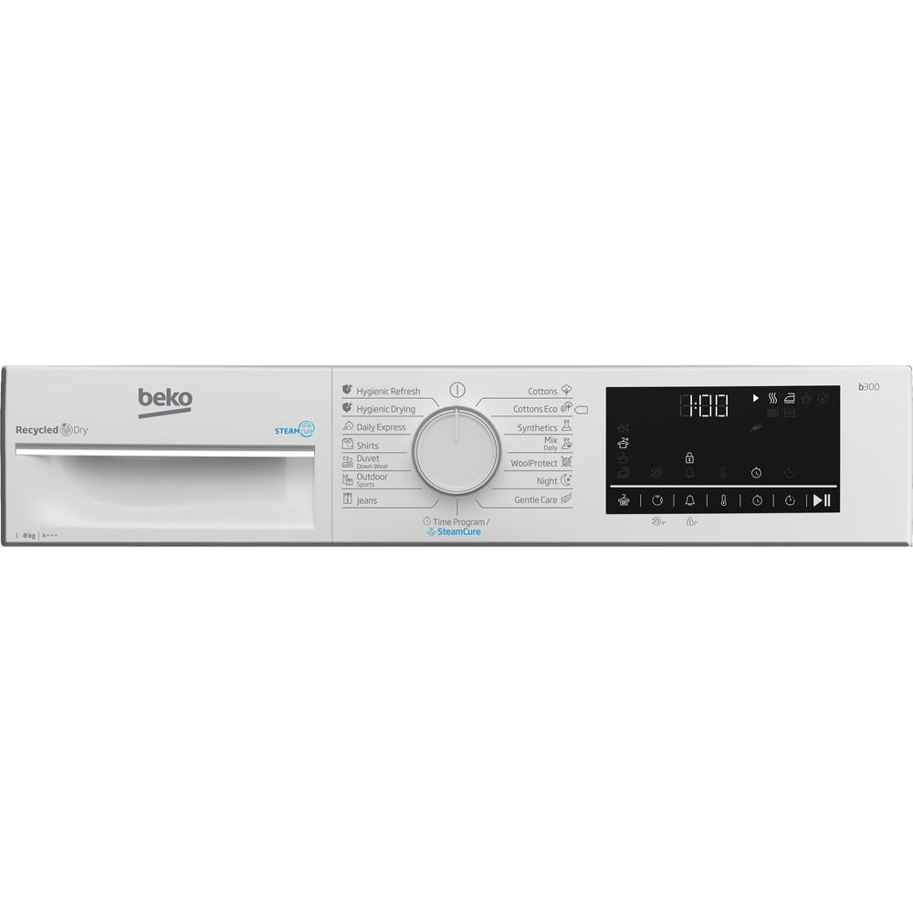 Uscator de rufe BEKO B3T42242, SteamCure, Pompa de caldura, 8kg, 15 programe, Clasa C, alb