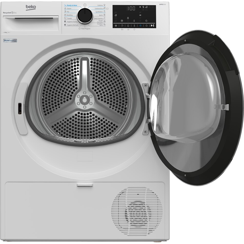 Uscator de rufe BEKO B5T68233, Pompa de caldura, 8kg, 15 programe, Clasa E, alb