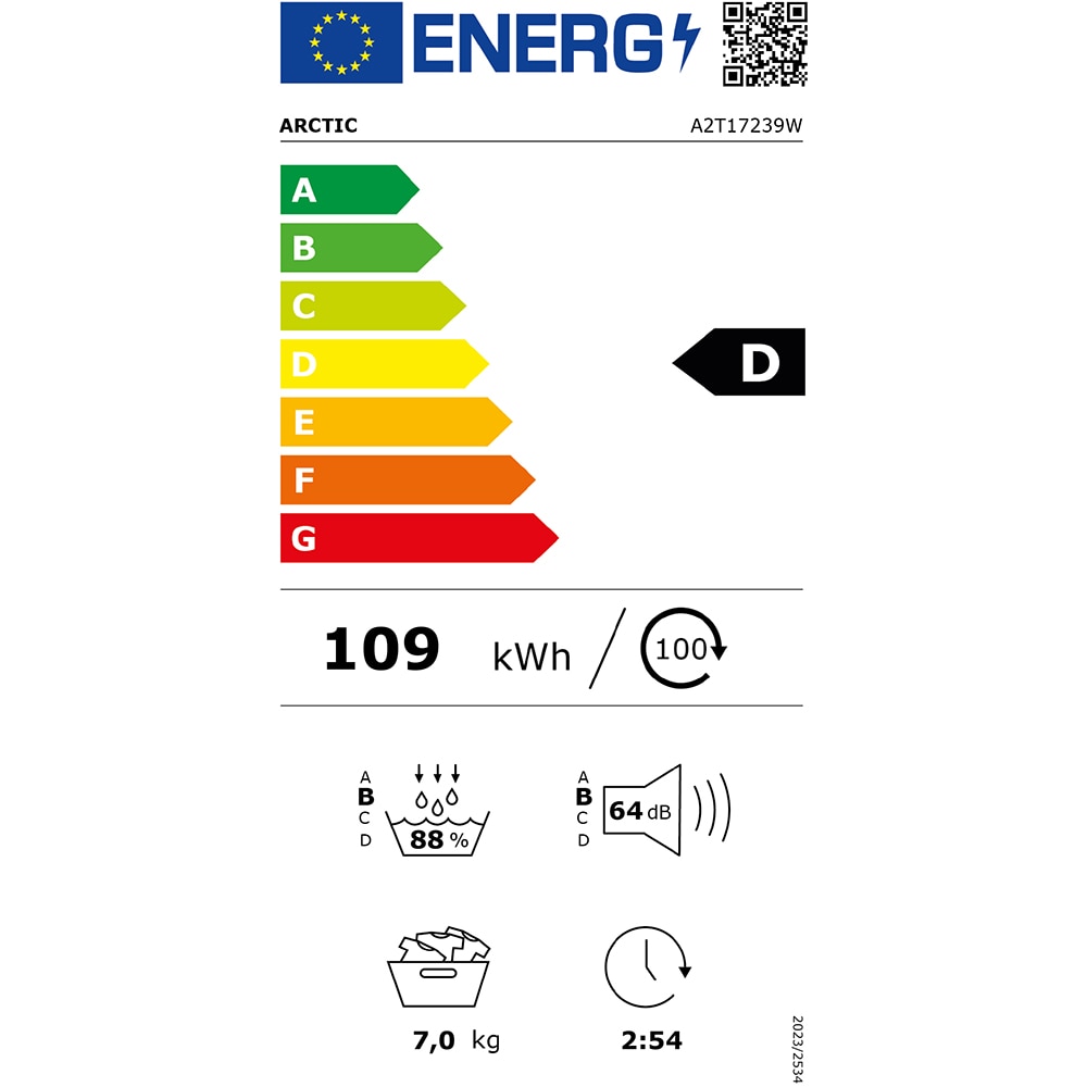 Uscator de rufe ARCTIC A2T17239W, Pompa de caldura, 7 kg, 15 programe, Clasa D, alb