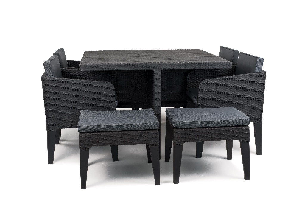 Set mobilier gradina, gri, ratan, 9 persoane, 9 piese, masa + 4 fotolii + 4 tabureti, include perne • Columbia 