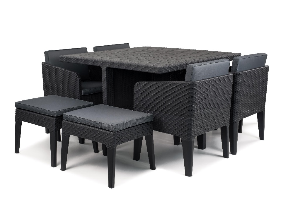 Set mobilier gradina, gri, ratan, 9 persoane, 9 piese, masa + 4 fotolii + 4 tabureti, include perne • Columbia 