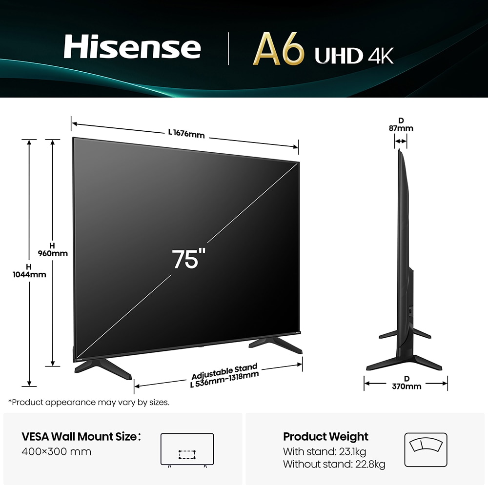 Televizor LED Smart HISENSE 75A6Q, Ultra HD 4k, 189cm