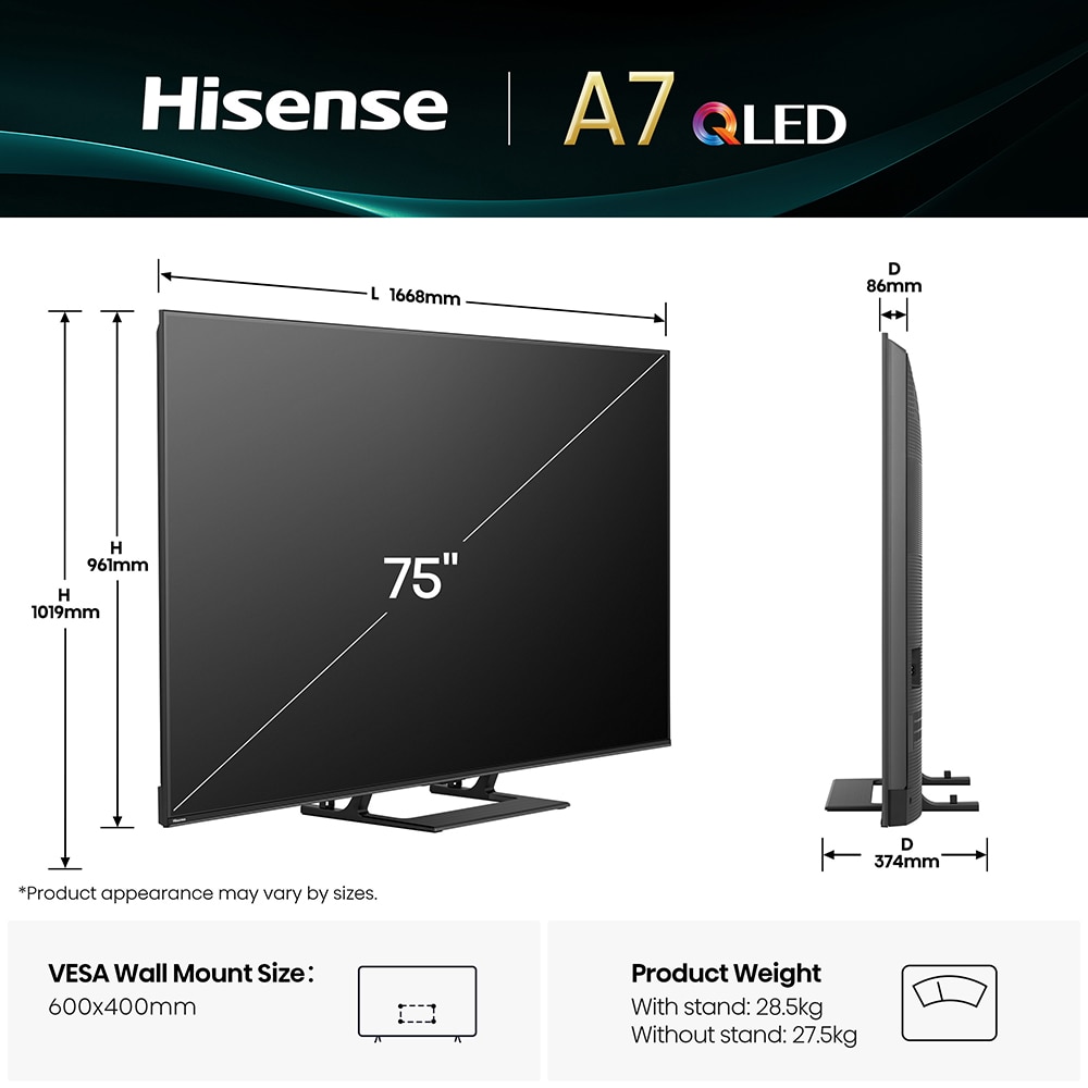 Televizor QLED Smart HISENSE 75A7Q, Ultra HD 4k, 189cm