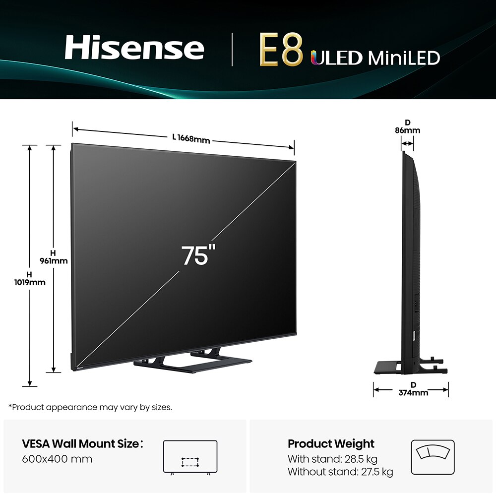 Televizor Mini-LED ULED  Smart HISENSE 75E8Q, Ultra HD 4K,189cm