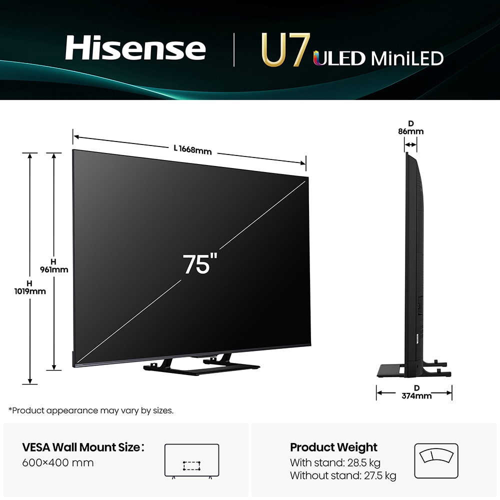 Televizor Mini-LED ULED Smart HISENSE 75U7Q, Ultra HD 4K,189cm