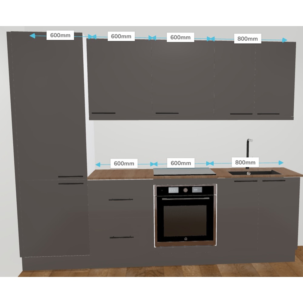 Bucatarie Stevia, gri lucios, 260 x 60 x 216 cm