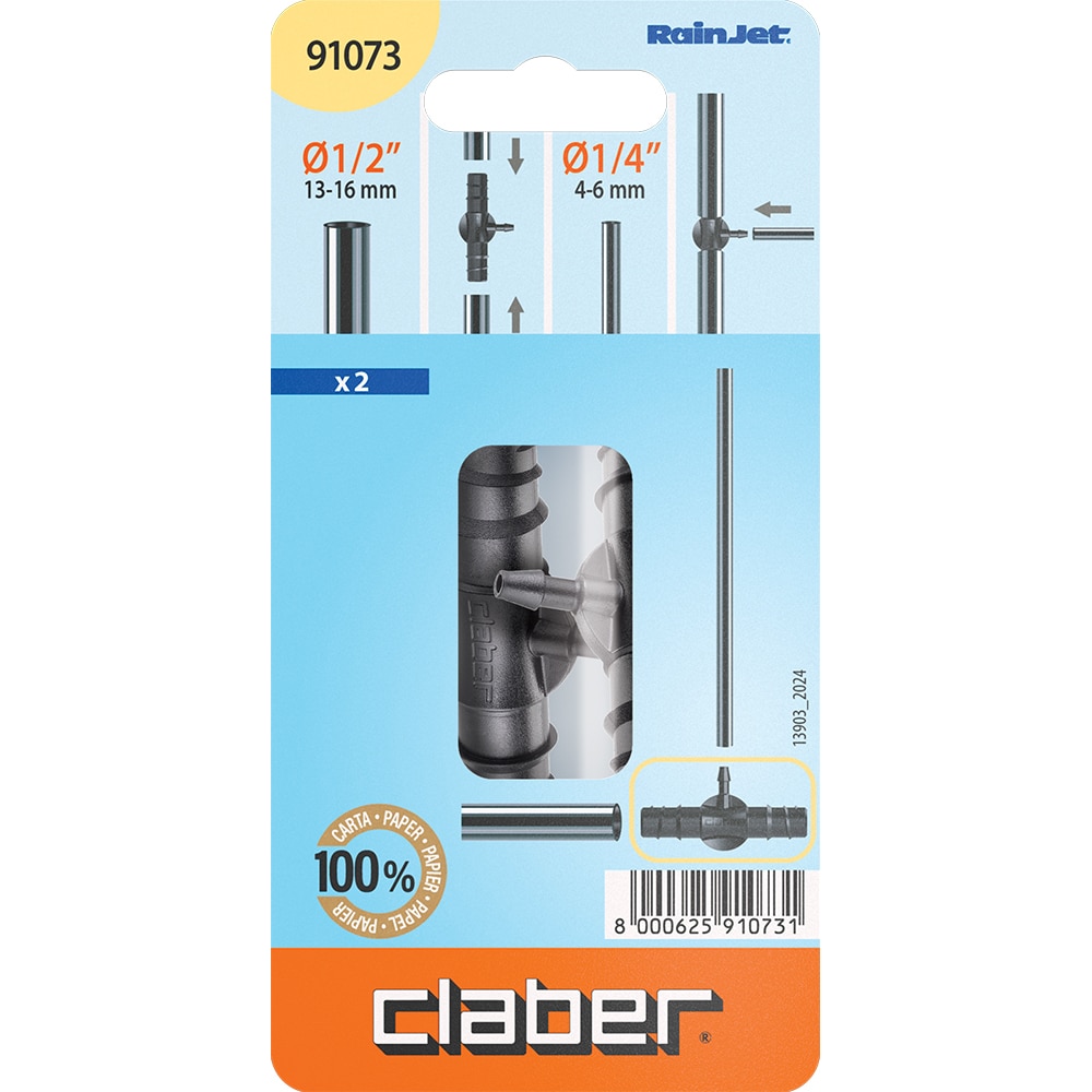 Conector T pentru microirigatii Claber, 1/2-1/4, plastic, negru, 2 bucati