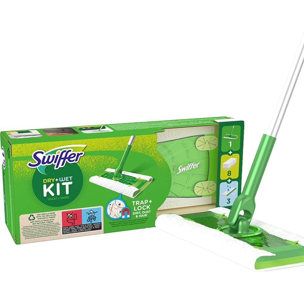 Set mop SWIFFER Dry + Wet, maner telescopic, gri-verde + 11 lavete