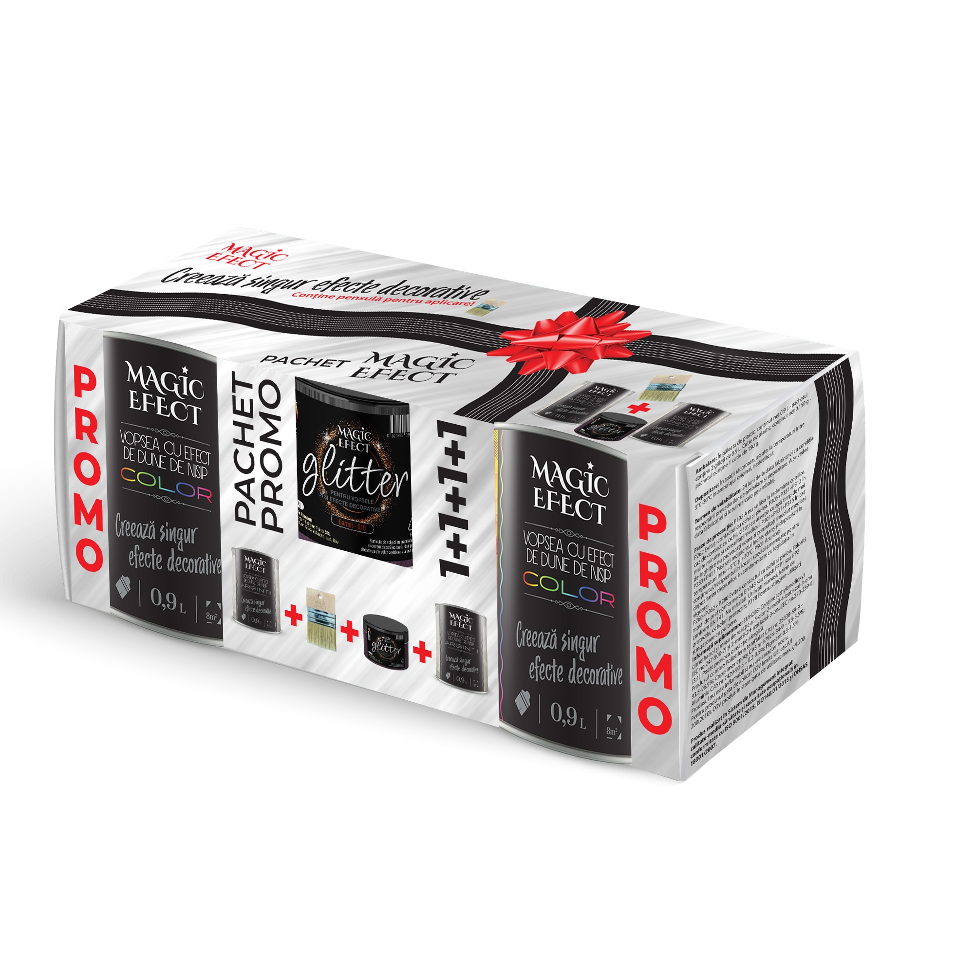 Pachet vopsea decorativa, efect dune de nisip, 1+1 gratis (perla+argintiu), pensula si glitter incluse  Magic Efect