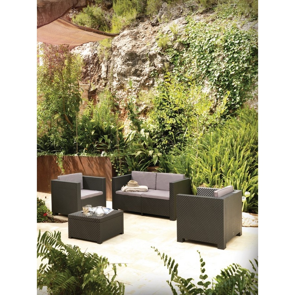 Set mobilier gradina, gri, ratan, 4 persoane, 4 piese, masa + 2 fotolii + canapea, include perne • Blooma Diva