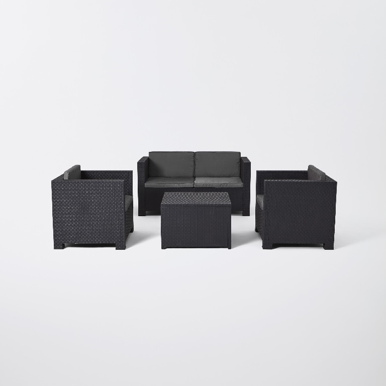 Set mobilier gradina, gri, ratan, 4 persoane, 4 piese, masa + 2 fotolii + canapea, include perne • Blooma Diva