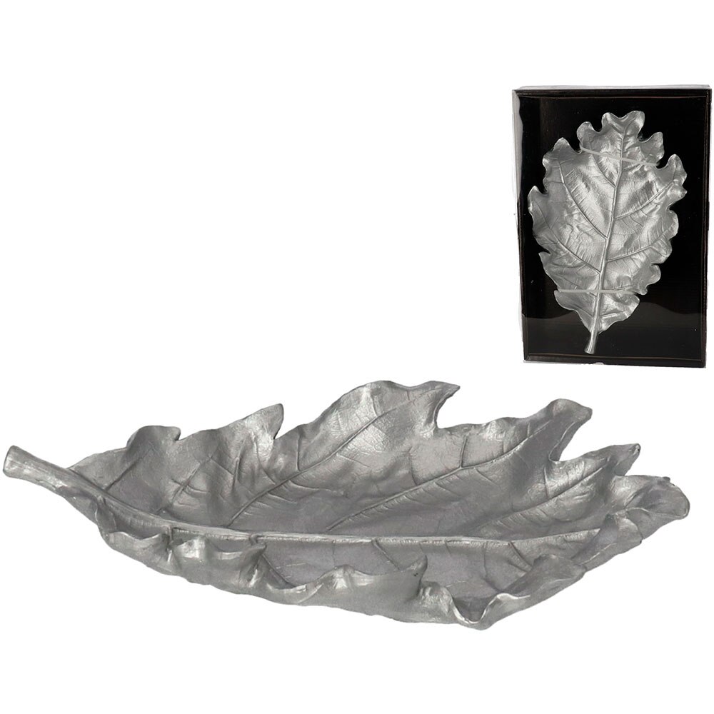 Decoratiune Frunza, rasina, 21 x 34 x 6 cm, argintiu