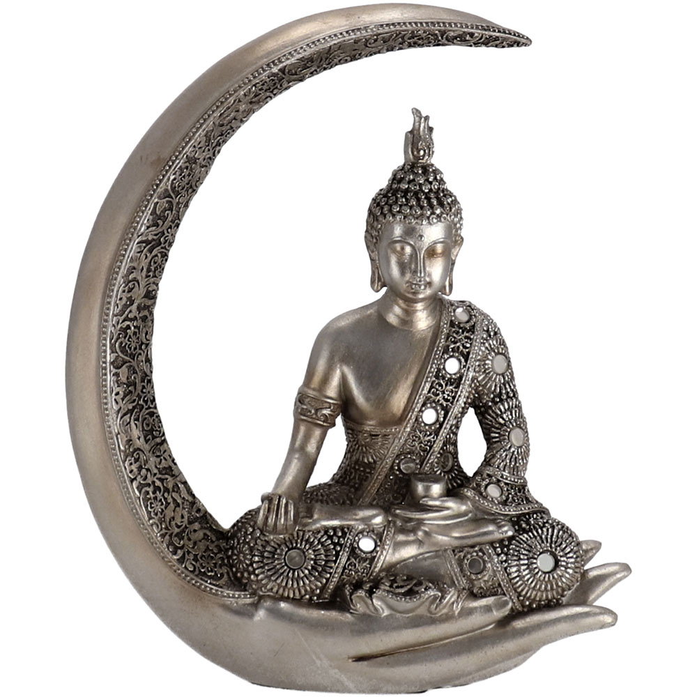 Statueta decorativa Buddha Satori, rasina, 6 x 19 x 22 cm, argintiu