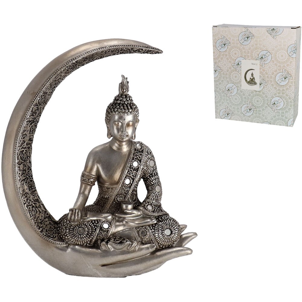 Statueta decorativa Buddha Satori, rasina, 6 x 19 x 22 cm, argintiu